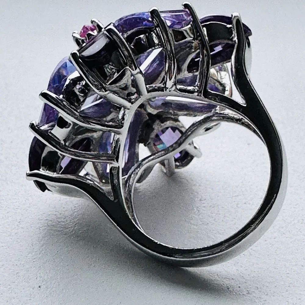 Statement Flower Ring Size 5 Purple Pink Gemstones Chunky Sterling Silver‎ 16+g